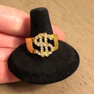 Gold Tone and White Rhinestone Dollar Sign Ring 9.5 Costume Jewelry Ring